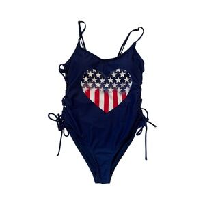 California Waves Navy American Flag Heart One Piece Swimsuit Medium